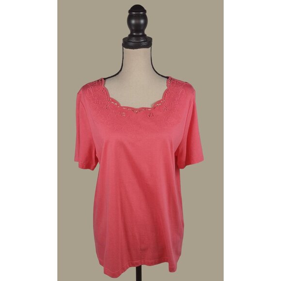 CJ Banks Scalloped Neck Short Sleeve Coral Cotton and Modal Top Size 14W NWT - Picture 1 of 9